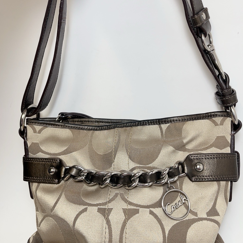 Coach Womens Brown Tan Sateen Signature Chain Duffle Convertible Crossbody Bag - Picture 2 of 15